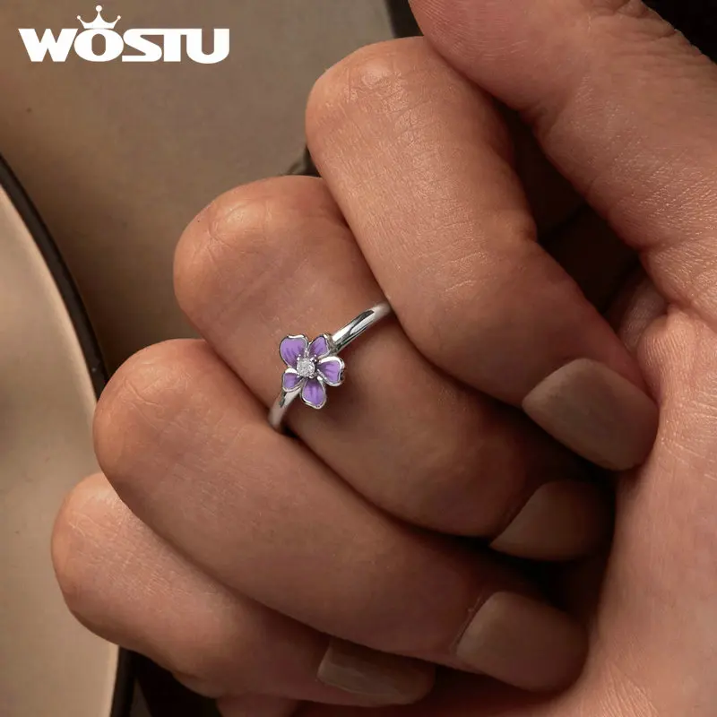 WOSTU 925 Sterling Silver Mystic Purple Flower Opening Rings For Women Cute Korea Zircon Stackable Party Ring Girl Birthday Gift