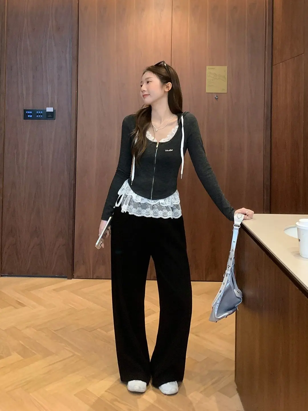 ay Hooded Zipper Long Sve Cardigan Damen Initial Winter Lace Trim Splicing Belted ort Sweatirt Jaet Korean Sle...