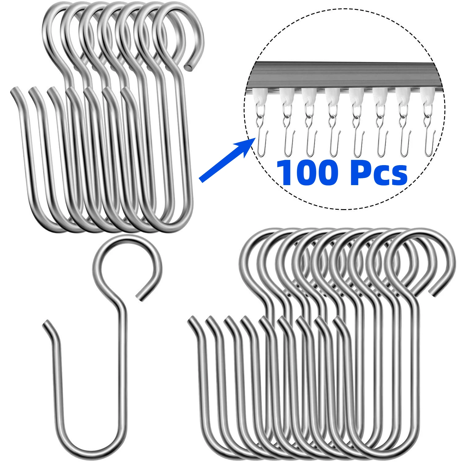 100 Pcs Silver Metal Curtain Track Hooks S Shaped Curtain Metal Drape Wire Hooks for Ceiling Drape Track