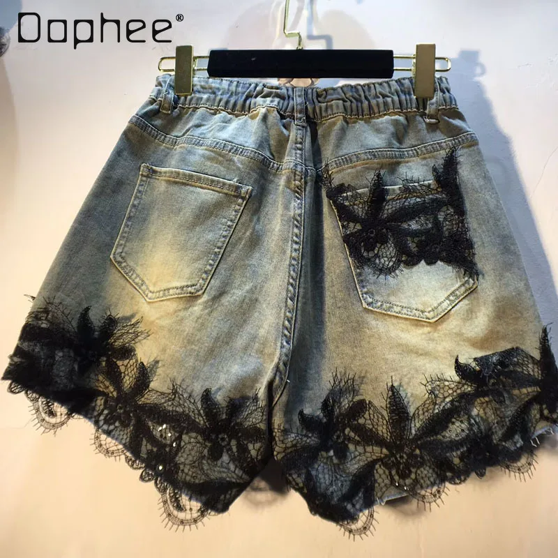 빈티지 헤비 인더스트리 비즈 레이스 스플라이싱 하이웨이스트 슬림 숏 팬츠 유럽풍 패션 솔리드 컬러 베이직 와이드 팬츠