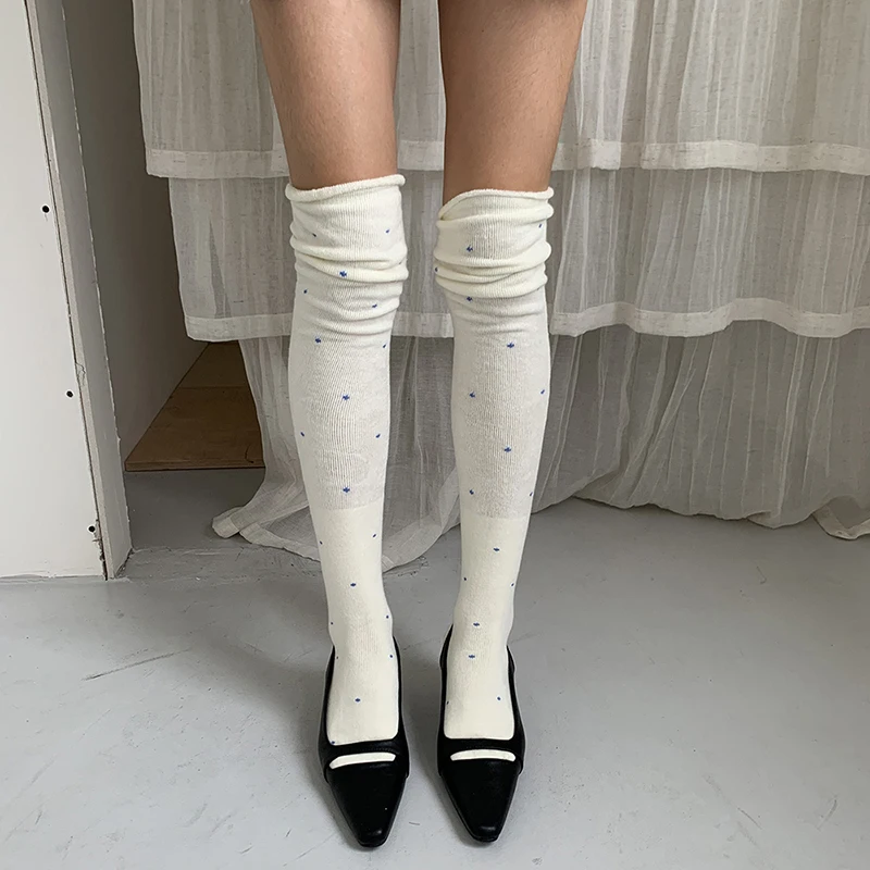 Women Polka Dot Over Knee Socks Korean Style Warm Cotton Long Stockings Rolled Cuff Thigh High Legwear for Fall Winter 2026 New