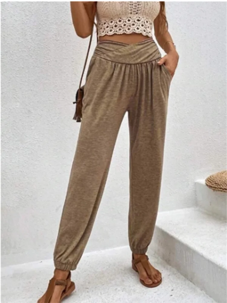 High Waist Pocket Elastic Pants Women's Solid Color Trousers Fashion Autumn Long Pants