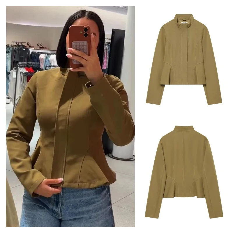 New Women Elegant Stand Collar Cropped Jacket Slim Fitted Peplum Hem Zipper Front Solid Casual Short Coat Fall Outerwear