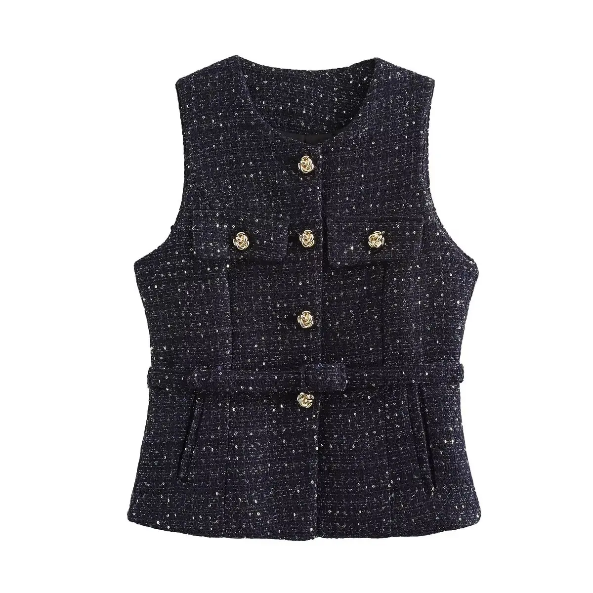 Tangada Women 2024 Black Tweed Waistcoat With Belt Vintage Sleeveless Female Outerwear QW010