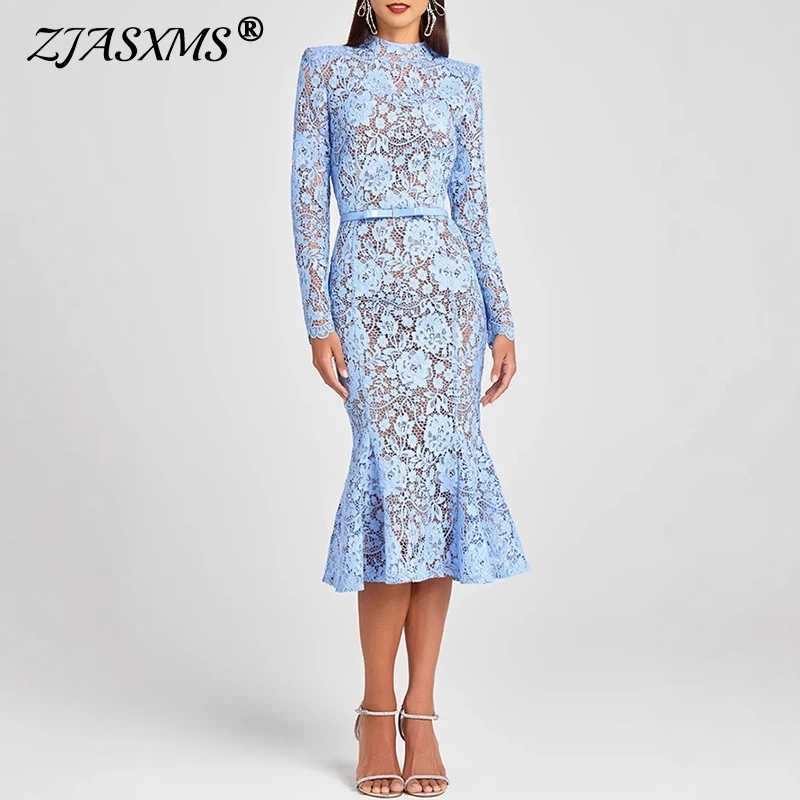 Sexy Durchsichtiges Jacquard-Abschlussball-Fischschwanz-langes Kleid, elegante Stickerei, Spitze, Damenkleid, gehäkelt, hohl, figurbetonte Kleider mit hoher Taille