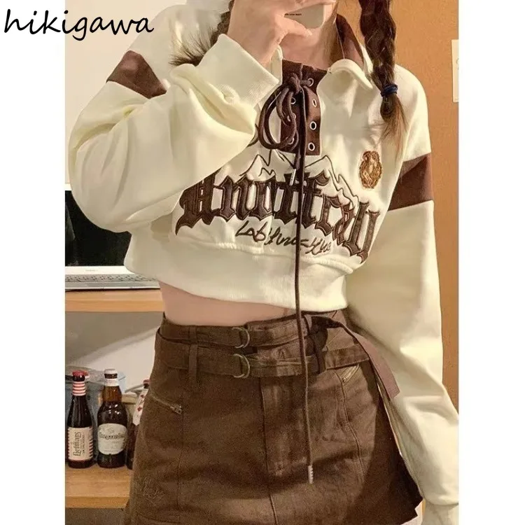 Crop Tops Vintage Hoodies for Women Streetwear Letter Embroidery Bandage Sweatshirt 2023 Ropa Mujer Casual Fashion Y2k Hoodie