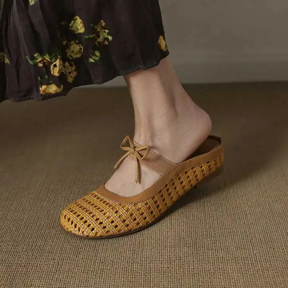 Ultra Breathable Korean Style Butterfly Knot Hollow Woven Heightening Mules round Toe Cover Outdoor Slippers Sheepskin Upgraded