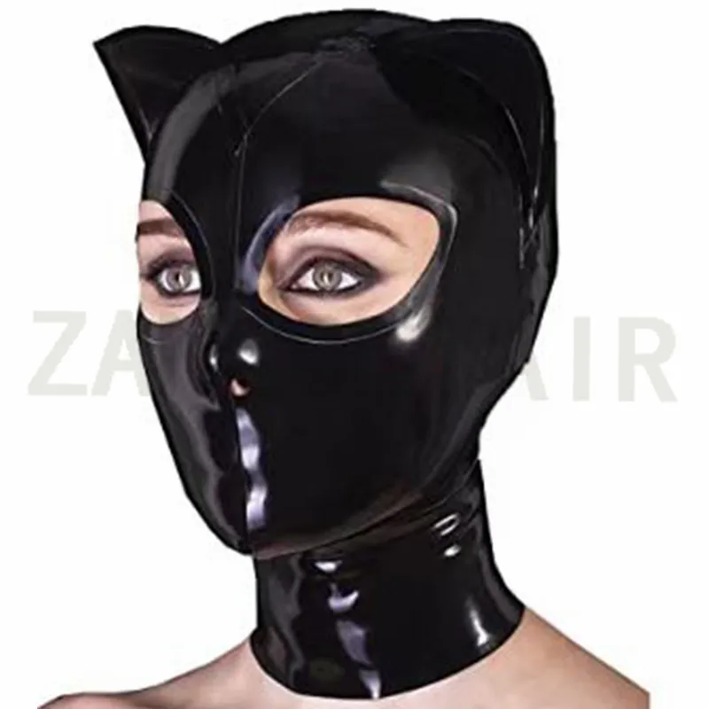 Seksowna bielizna egzotyczne kobiety unisex ręcznie robione lateksowe czarne kocie uszy śmieszne klubowe imprezowe maski zamek błyskawiczny z tyłu jednolity fetysz