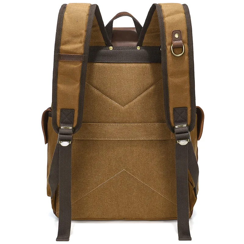 Duży plecak z woskowanej tkaniny płóciennej dla mężczyzn, brązowe skórzane wykończenia, zamykany na sznurek i klamrę, torba podróżna na zewnątrz, podwójne ramię.