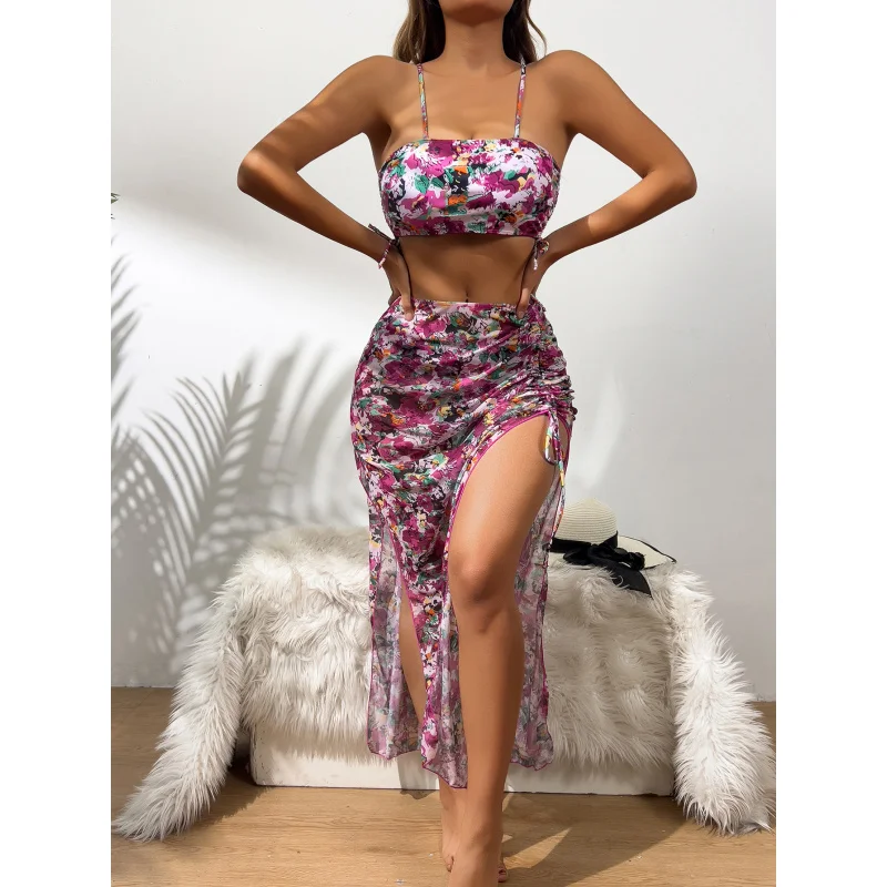 

2025New Printed Bikini Mesh Three-Piece Swimsuit Sexy Tight Two-Piece Swimwear for Women