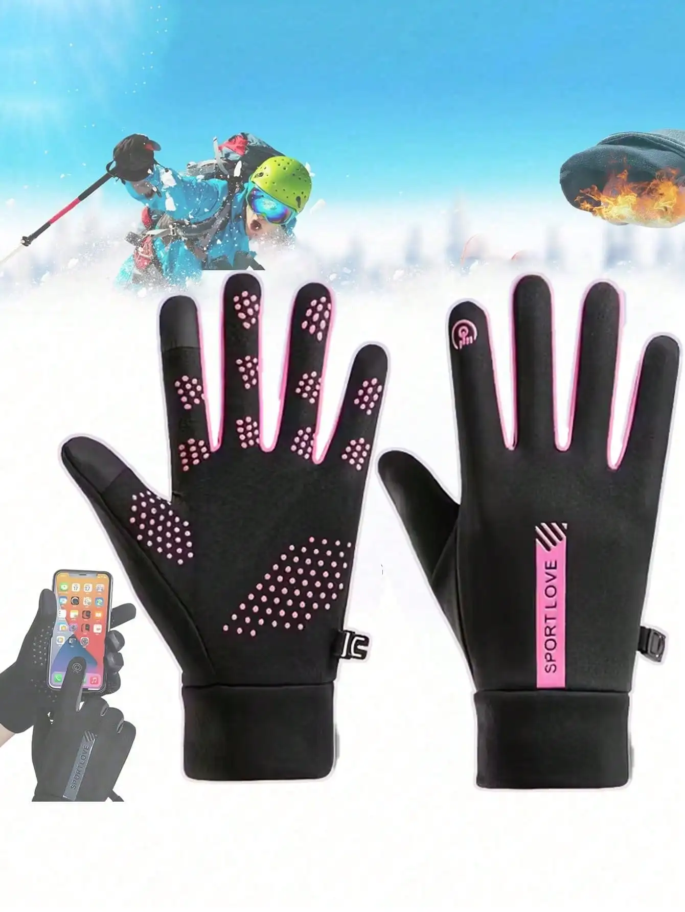 

1 пара черно-розовых зимне-осенних перчаток — водонепроницаемые ветрозащитные противоскользящие перчатки с сенсорным экраном для езды на велосипеде и катания на лыжах