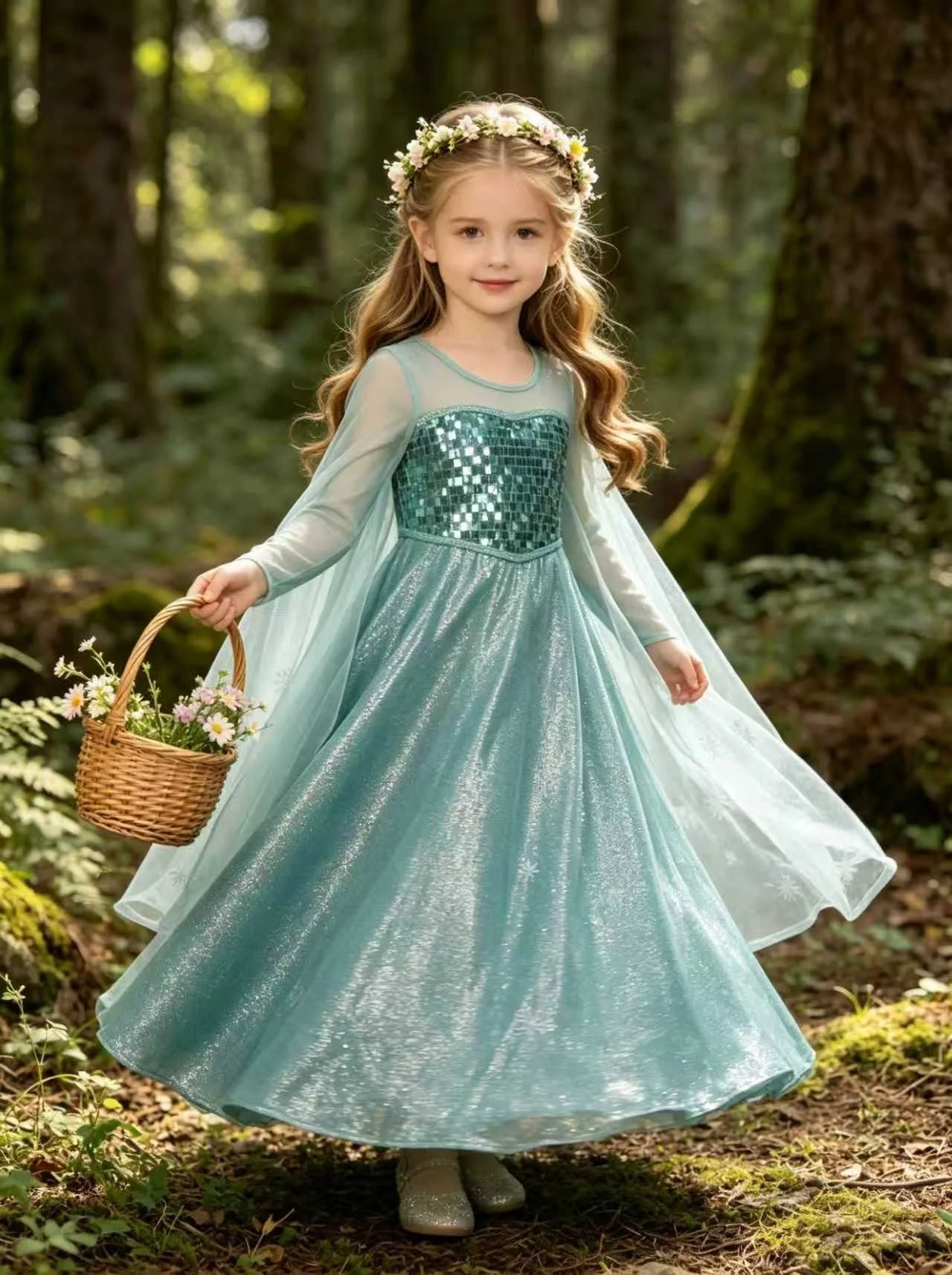 

Girls Elsa Princess Sequins Dress and Cape Long Sleeve Kids Cosplay Halloween Birthday Party Dress Up 2026 Costume for 3-12Years
