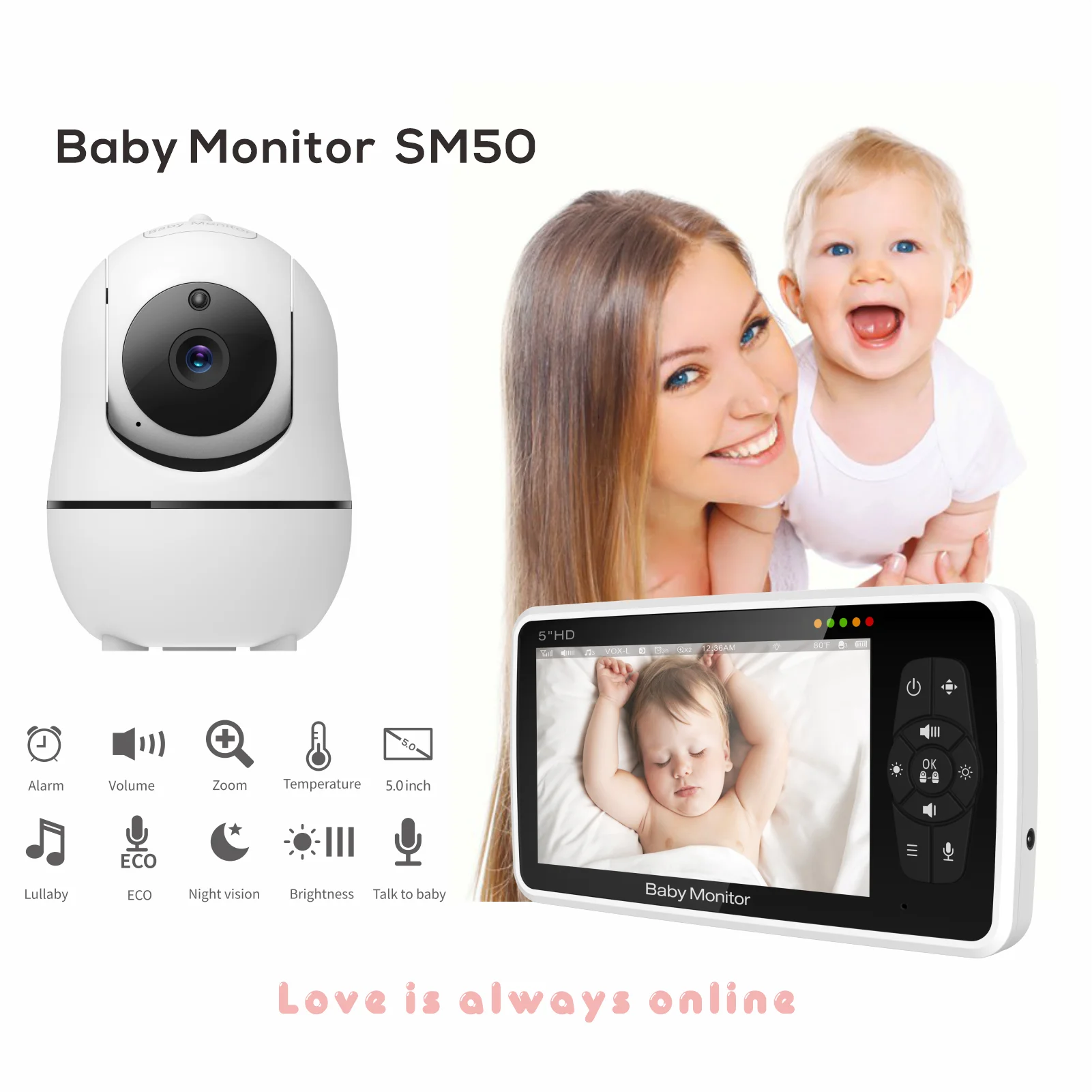 

5 inch Video Baby Monitor with Camera and Audio, 4X Zoom, 22Hrs Battery, 1000ft Range 2-Way Audio Temperature Sensor Lullaby