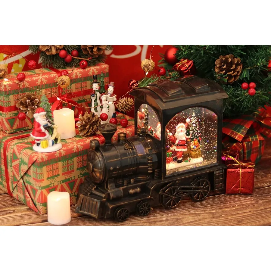 فانوس كرة ثلج مضاء لعيد الميلاد يعمل بالبطارية مع أضواء LED لقطار سانتا كلوز الموسيقية وتأثير لامع للمياه 6 ساعات