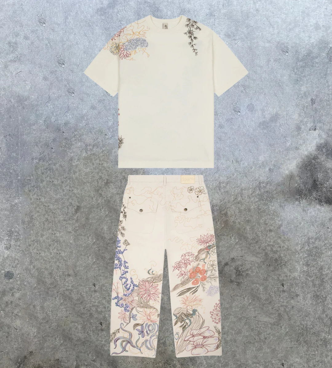 Y2K Thangka Chalk Shirt Set Oversized Multicolored Embroidered 2 Piece Set Men Women Trendy American Hip Hop Harajuku Streetwear