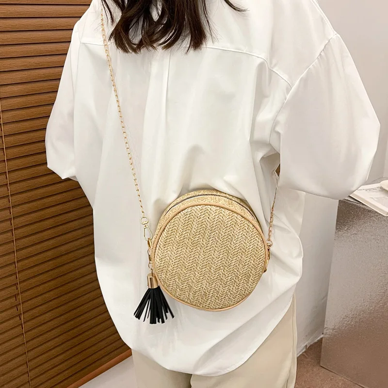 حقيبة يد نسائية، حقيبة منسوجة على الطراز الرعوي، حقيبة كتف مفردة منسوجة من القش كاجوال عتيقة، حقيبة كروس للعطلات على الشاطئ في الصيف