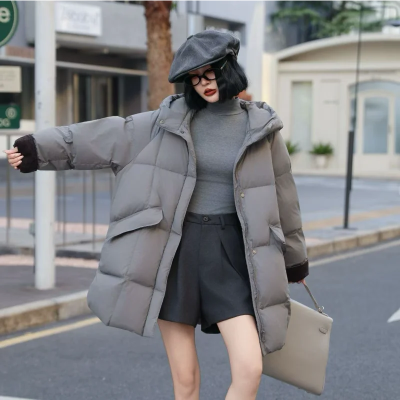 المرأة منتصف طول أسفل سترة 2025 خريف/شتاء جديد وصول فضفاضة تناسب مقنعين موضة عادية المتضخم سميكة معطف دافئ #2