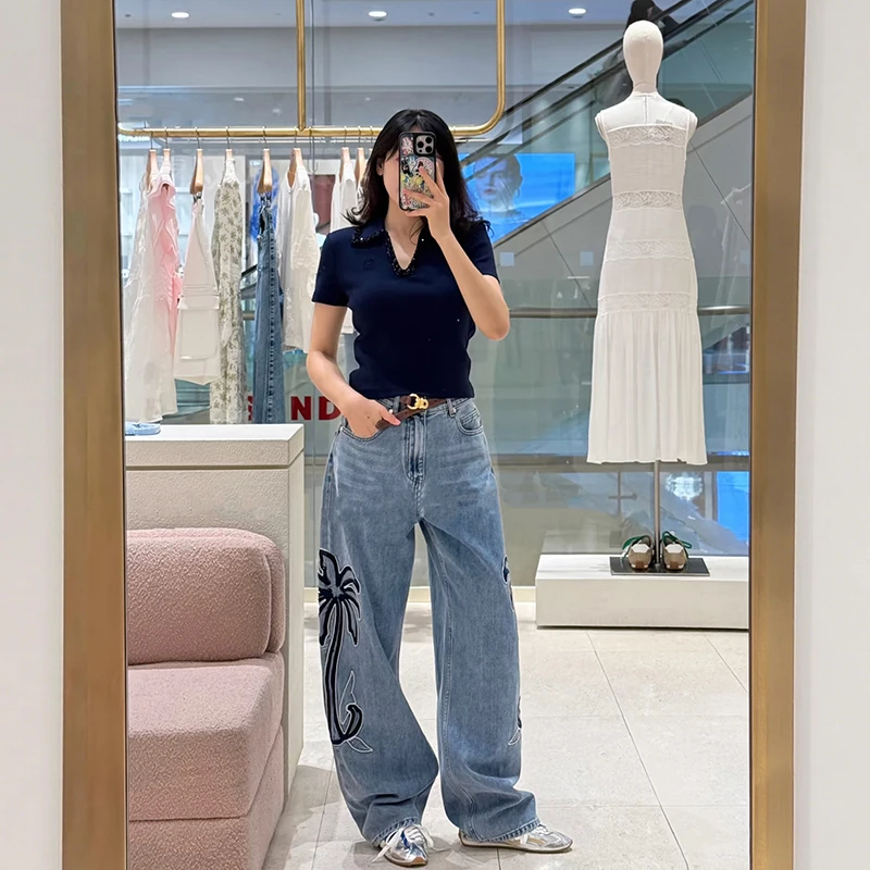 

Spring Summer New Style High Waist Floral Embroidery Decorative Side Coconut Tree Long Jeans Cotton Denim Plant Pattern