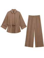 KUCLUT Women Fashion 2 Piece Set Brown Single Breasted Shirts & Vintage Elastic Waist Trousers Feamle Chic Lady Pants Sets