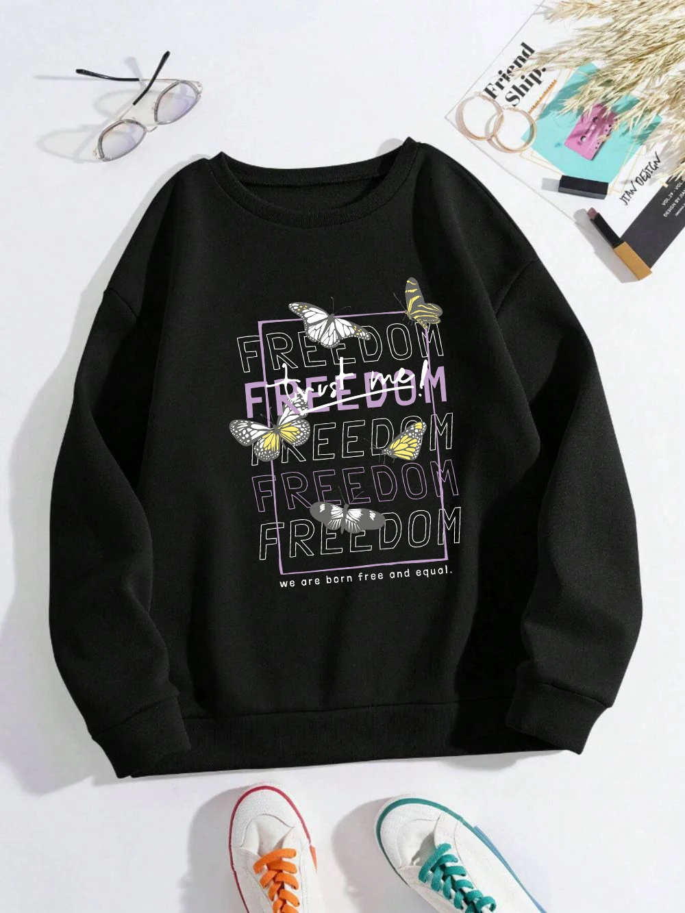 

Fashion Men Woman Sweatshirts Freedom Butterfly Printing Pullovers Fleece Warm Comfortable Crewneck Hoodie Autumn Couple Clothes