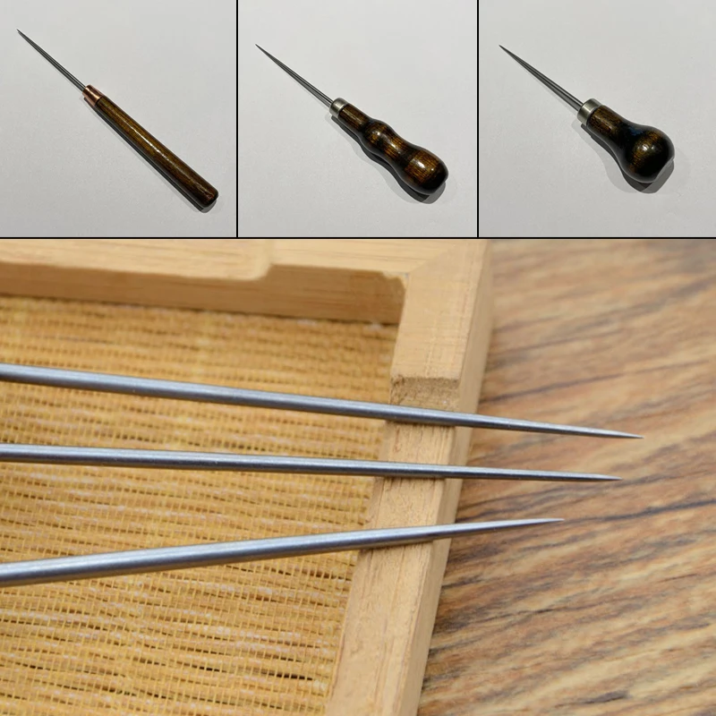 Wooden Handle Awl Punch Tool for DIY Leather Craft Sewing Awl Shoes Repair Tool Hand Stitcher Awl Pricker Hole Maker Accessories