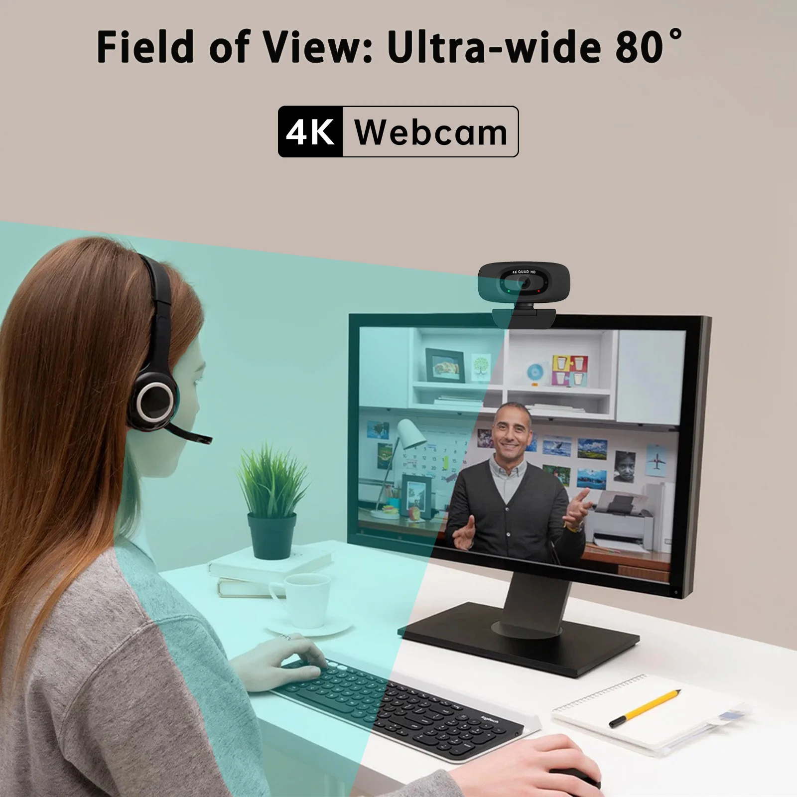 كاميرا ويب EXHQDR 4K USB مع ضبط تلقائي للصورة، 8MP30 إطارًا في الثانية، غطاء خصوصية منزلق، ميكروفون، حامل ثلاثي القوائم، Type-C، للتكبير والبث ومكالمات الفيديو، PC/Mac