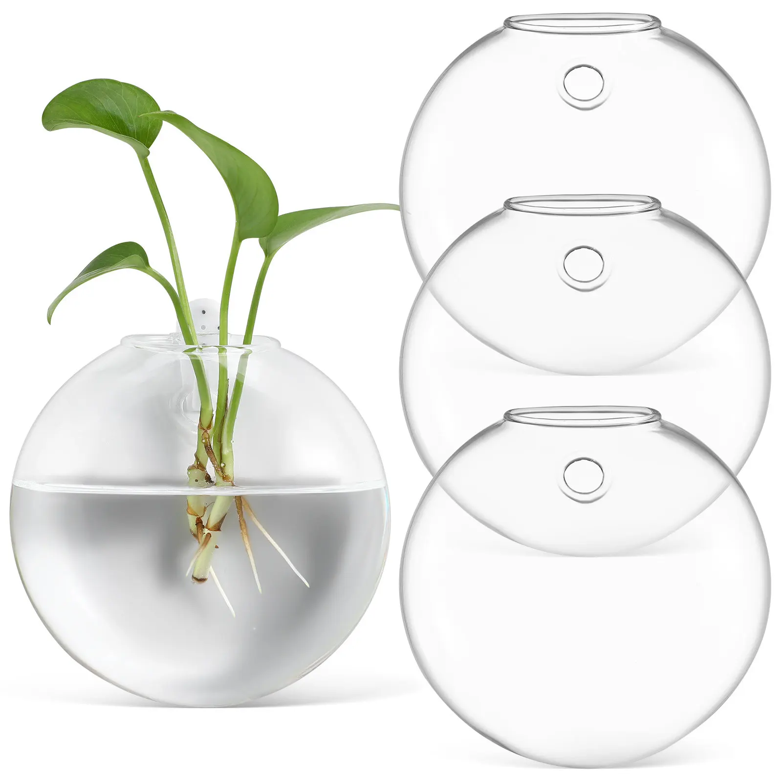 4Pcs Modern Wall Mounted Glass Vase Set Clear Flat Round Hanging Flower Vase for Decor Living Room Bedroom Office Space Saving
