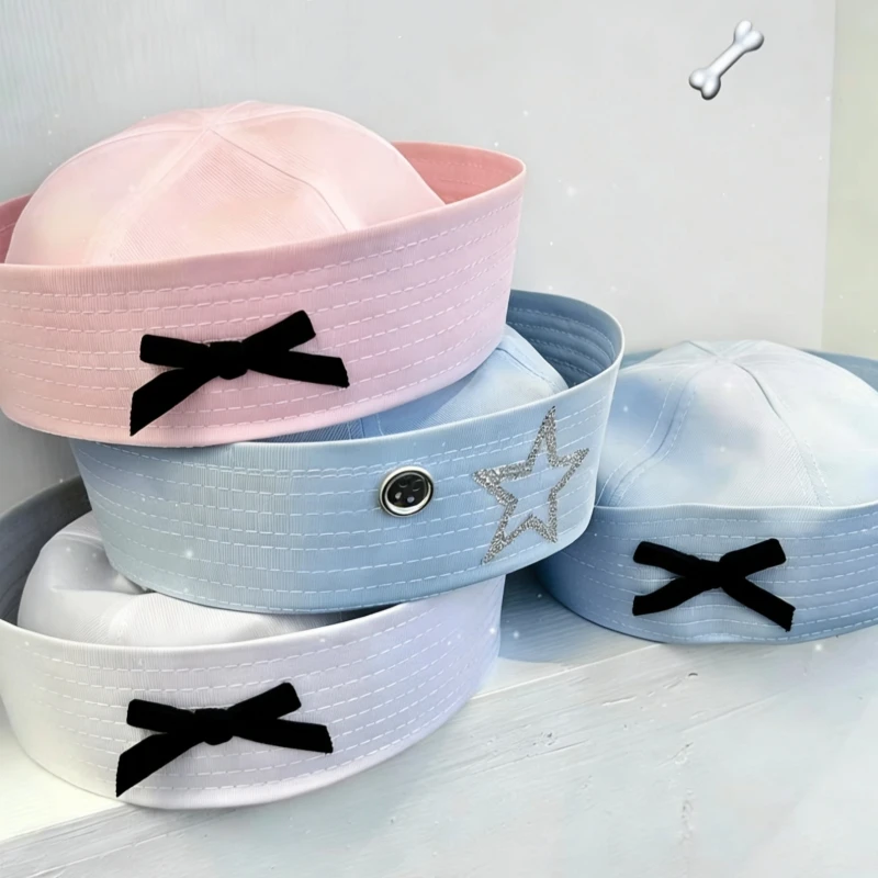 Gorra Boina con Lazo Y2K Rosa, Blanca y Azul Marino, Gorra de Cúpula con Visera Abatible, Gorra de Marinero, Gorra de Enfermera para Cosplay, Gorras de Uniforme Dulces Y2K, Cosplay de Enfermera