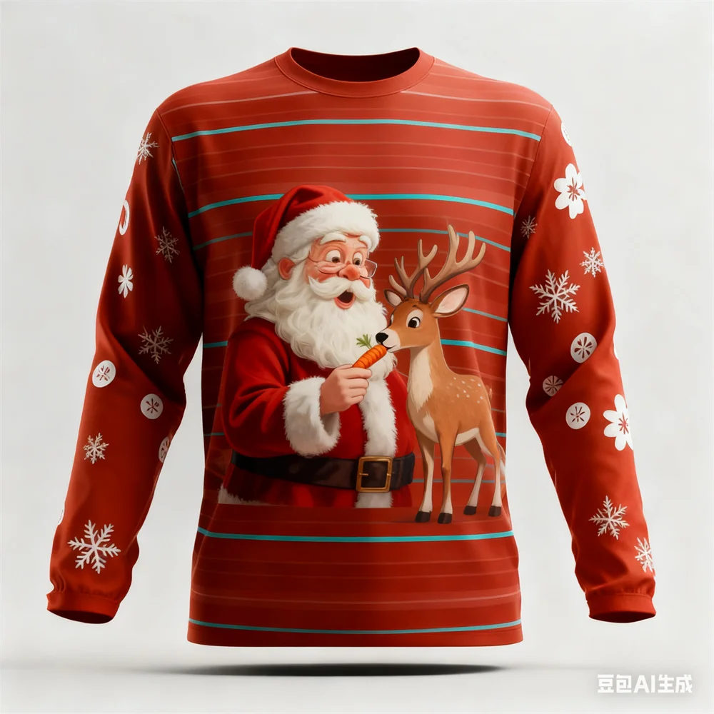 

Funny Santa Claus Print Men's Long Sleeve T-shirt Fashion New Year X'mas Gift Clothing Spring and Autumn Casual Loose O-neck Top