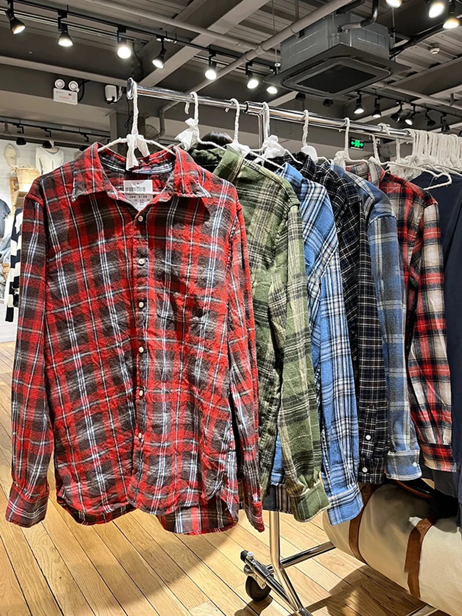 

Plaid Vintage Y2k Blouse T-shirt Woman Spring Turn Down Collar Single Breasted Cotton Thin Tees Casual Loose Long Sleeve Shirts