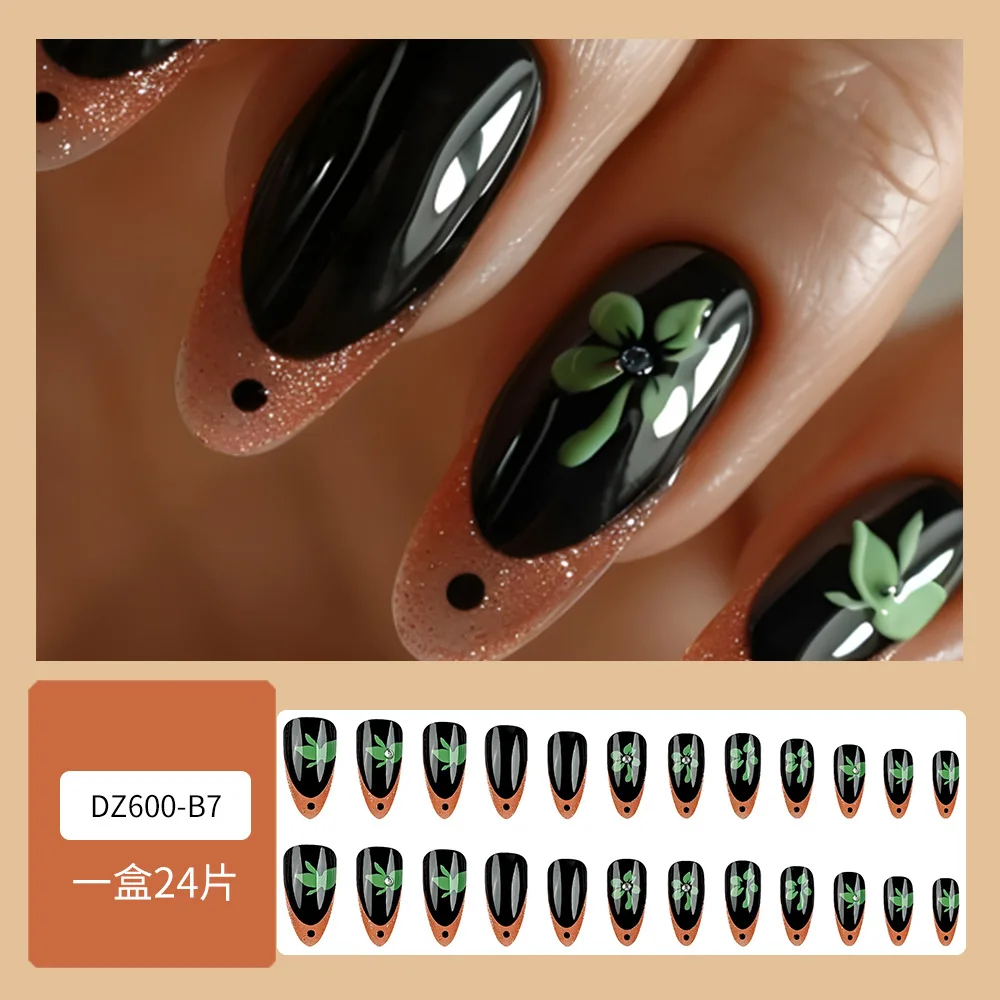 Green Grass Press on Nails Medium length Almond Press on Nails Wearable False Nails Simple Green Leaves Nails Diamond False Nail