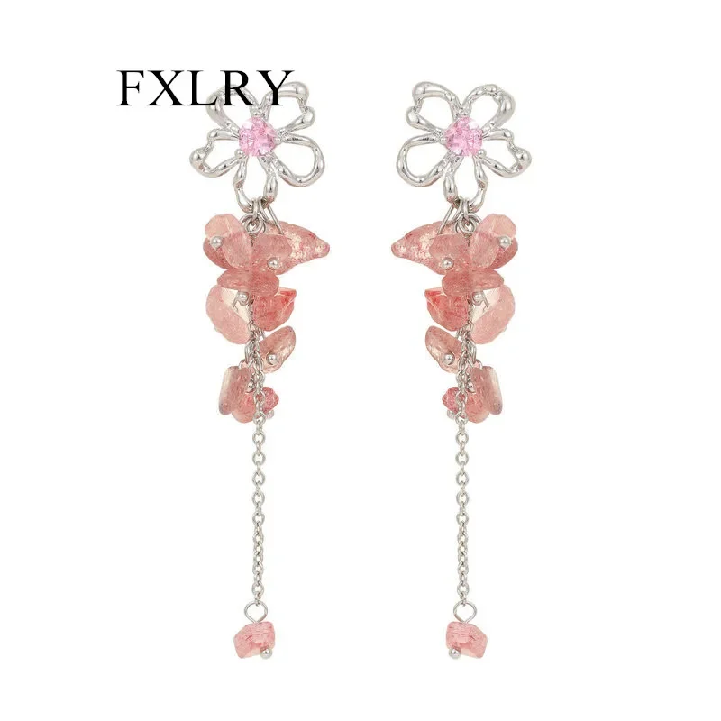 

FXLRY Elegant s925 Silver Needle New Fashion Flower Strawberry Crystal Long Tassel Earrings For Women Wedding Jewelry