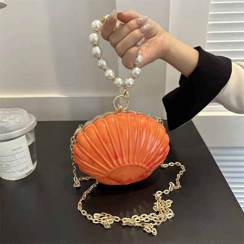 

Acrylic Seashell Small Evening Bags For Women Pearl Chain Handbags Fashion Cute Mini Clutches Prom Party Shoulder Bags Handbag