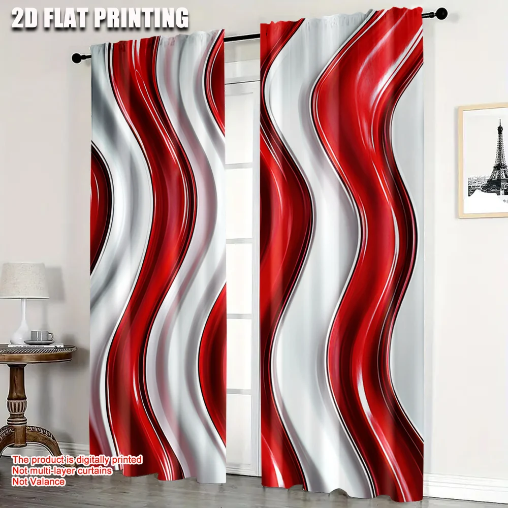 

2Pcs Smooth Red And White Wavy Stripes Abstract Art Pattern Curtains Perfect For Living Room Bedroom Decor