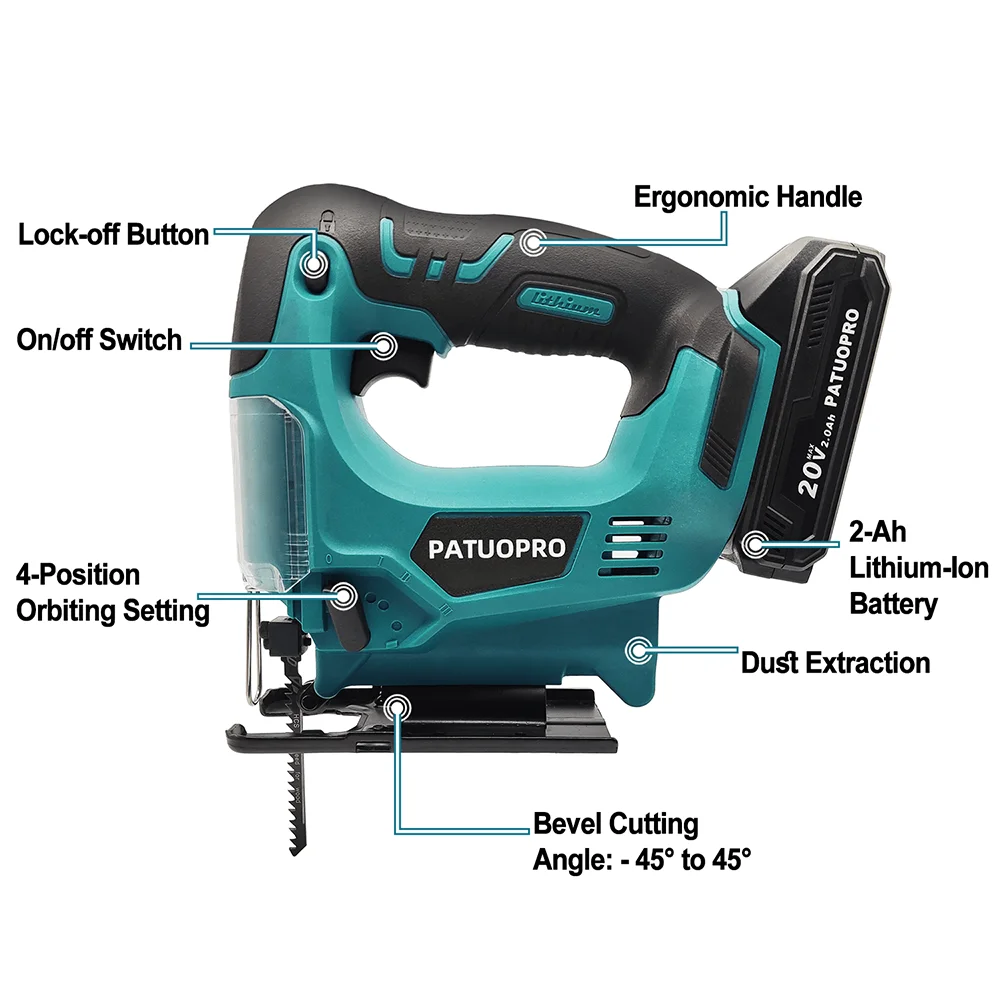 PATUOPRO Electric Cordless Jig Saw Portable 4-Position Adjustable Orbital Multifunction Woodworking Tools For Makita 18V Battery