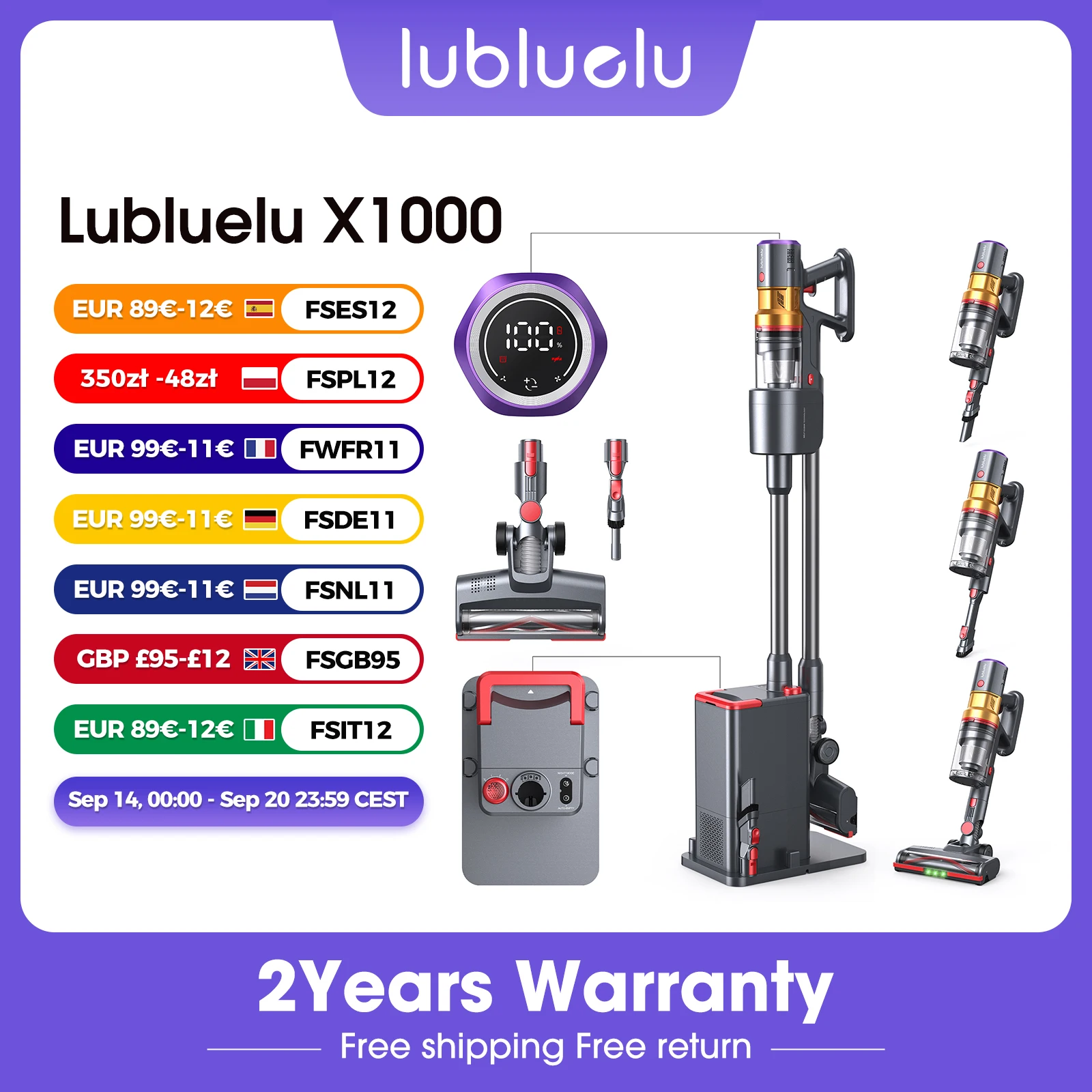 Lubluelu X1000 70Kpa 400W Kabelloser Staubsauger mit automatischer Entleerungsstation, LED-Display, starker Saugkraft und Anti-Verwickelungs-Bürste