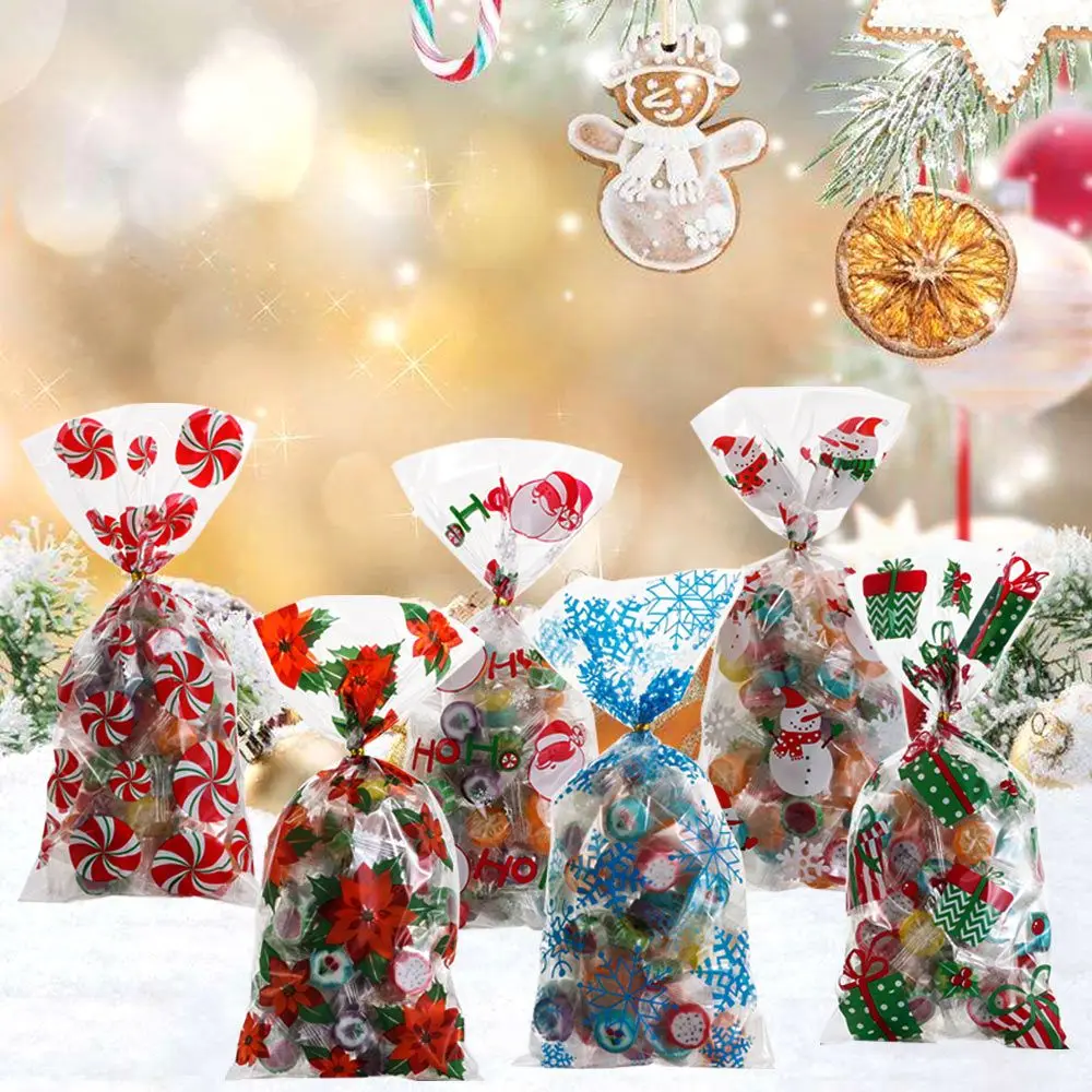 50PCS Merry Christmas Candy Bags Santa Claus Plastic Candy Treat Bag Xmas New Year Biscuit Bags Gifts Box Decoration