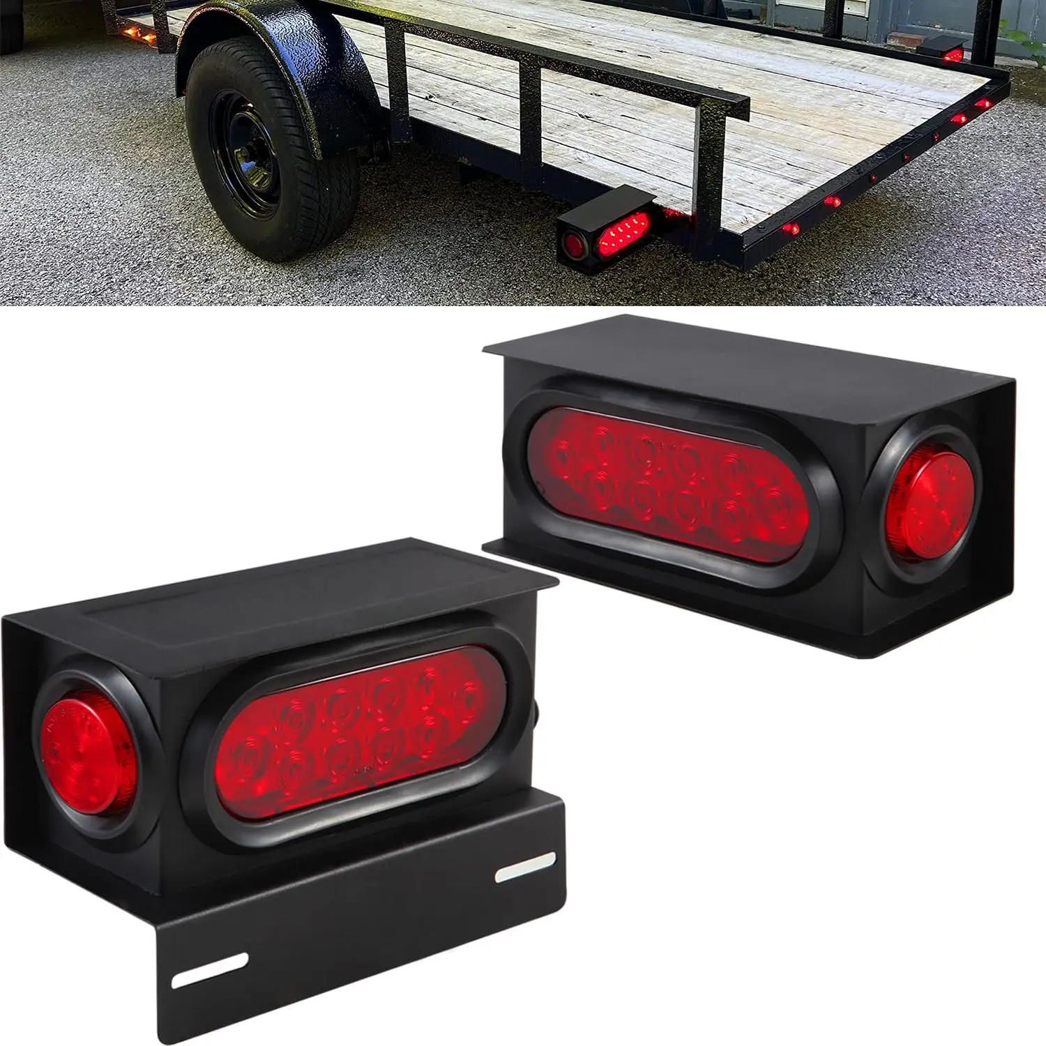 

2Pcs Steel Trailer Light Housing Kit w/6' Oval LED Tail Lights & 2' Round Side Markers, Red, 10+4 LED, with Grommets & Connector