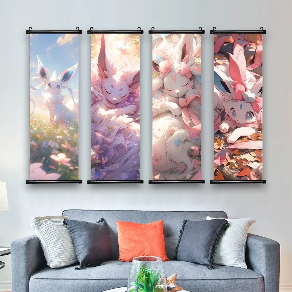 Pokemon Japanese Anime Pikachu Eevee Peripheral Modern Room Decoration Charizard Hanging Scrolls Canvas Poster Painting Wall