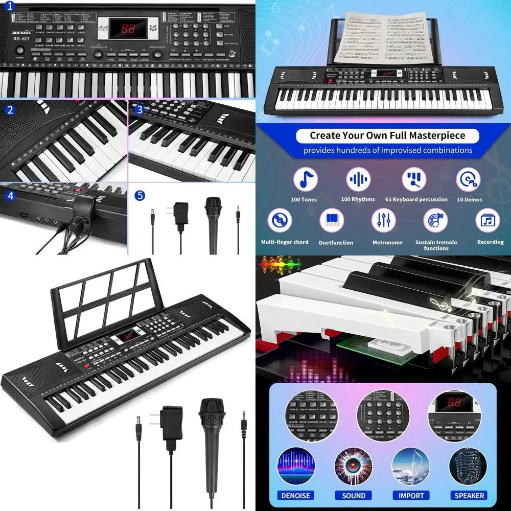 

Portable 61-Key Digital Piano with Speaker, Microphone, Sheet Music Stand & Power Supply - Ideal for Beginners and Teachers
