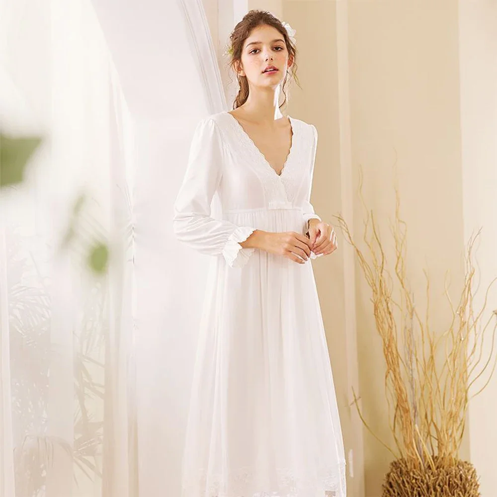 2025 European Court Nightgown French Long Sleeve Lace Pajamas Sexy 95% Cotton Suitable for 90 Pounds-130 Pounds Fashion Dresses