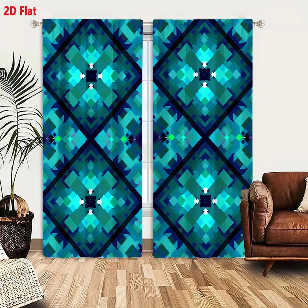 2Pcs Curtains 2D Flat Vibrant Geometric Blue Diamond Pattern Retro Futuristic Digital Art Window Drapes for Bedroom Room Decor D