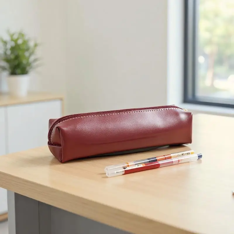 Simple PU Leather Pencil Case Small Portable Makeup Brush Storage Bag Students Large Capacity Stationery Box School Supplies