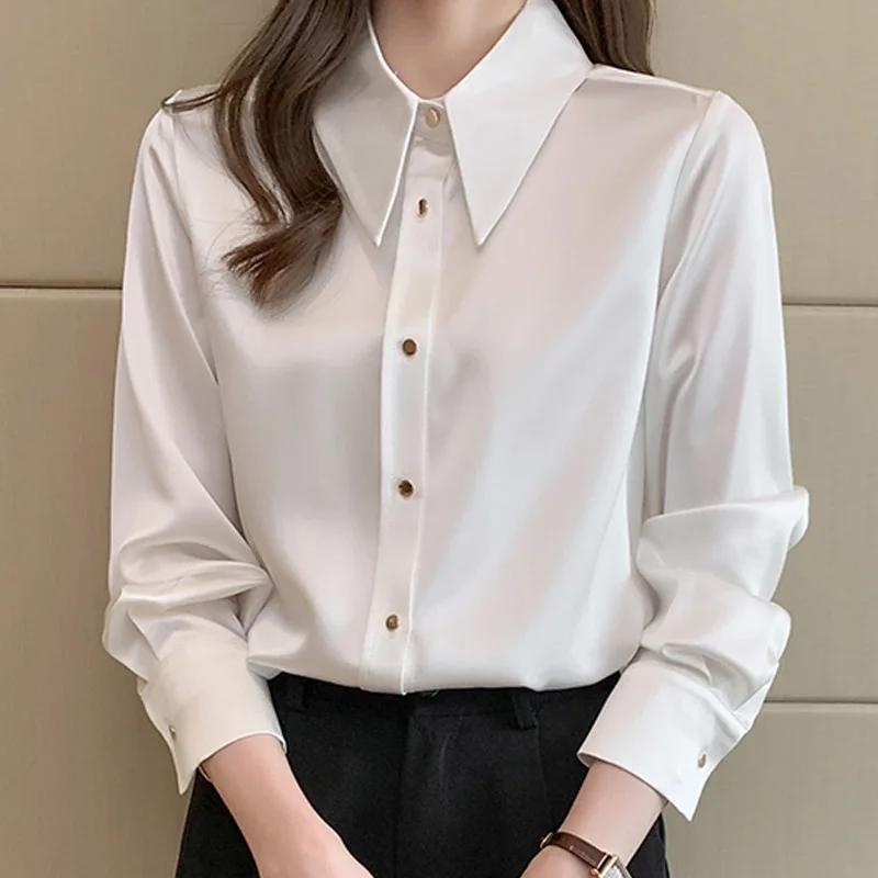 2025 senhora do escritório nova manga longa turn down collar camisa feminina branco preto cetim camisa blusa feminina topos de mujer n621
