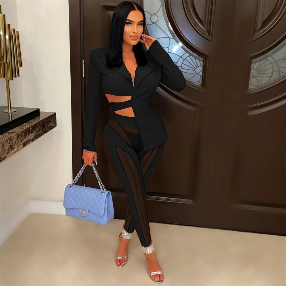 Fashion Women Two 2 Piece Set 2023 New in Summer Sexy Irregular Blazer Top + Mesh Sheer Patchwork Y2K Outfits Lady Matching Set