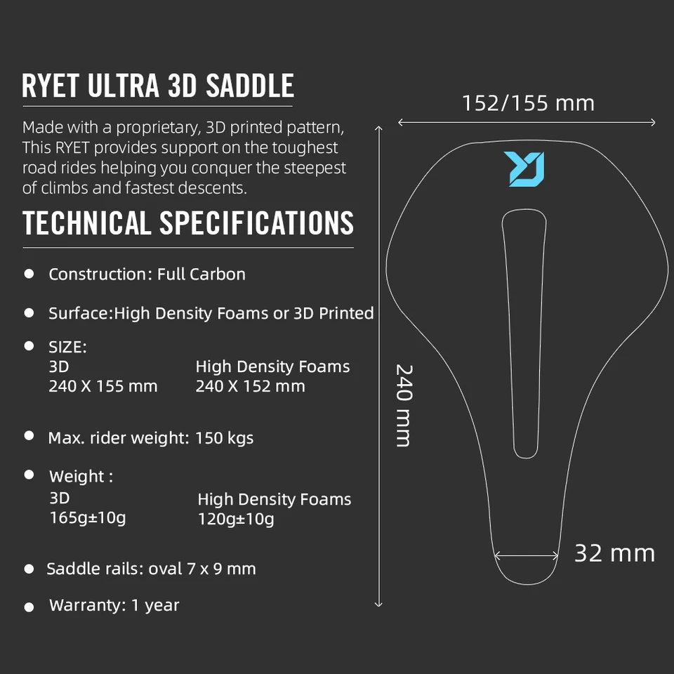 Ryet フルカーボン3Dプリント自転車シート 155mm 120g