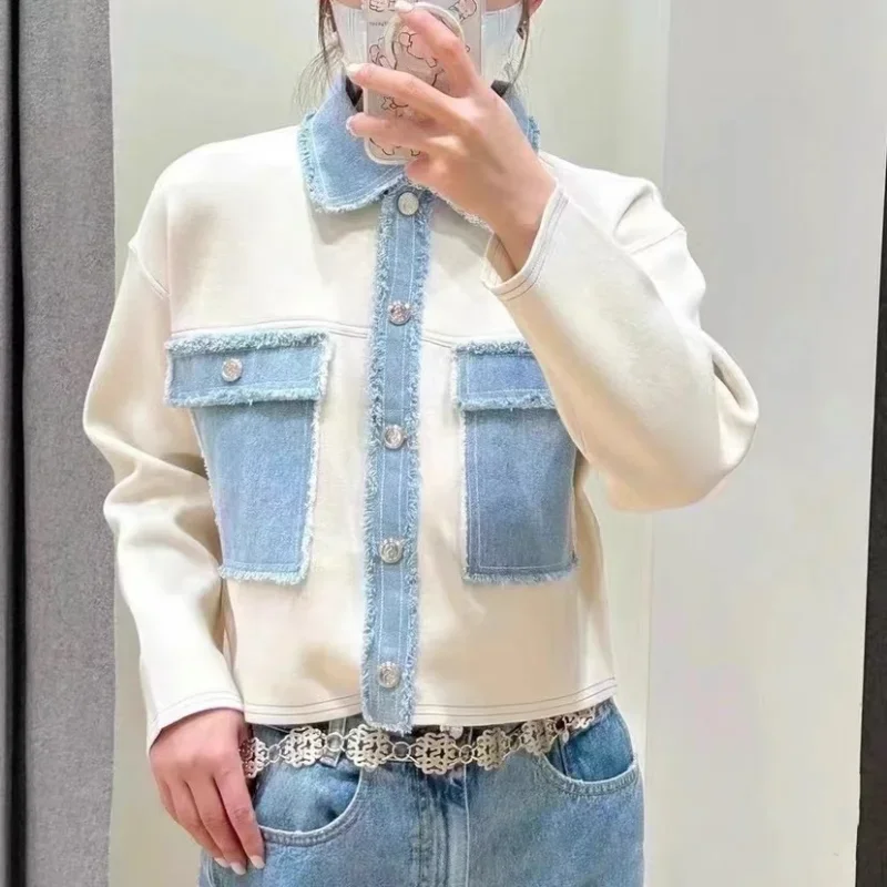 

Y2k Women Denim Patchwork Jacket Coat Lapel Long Sleeves Jeans with Packets Spring Casual Lady Denim Coats Designer Outwear Top