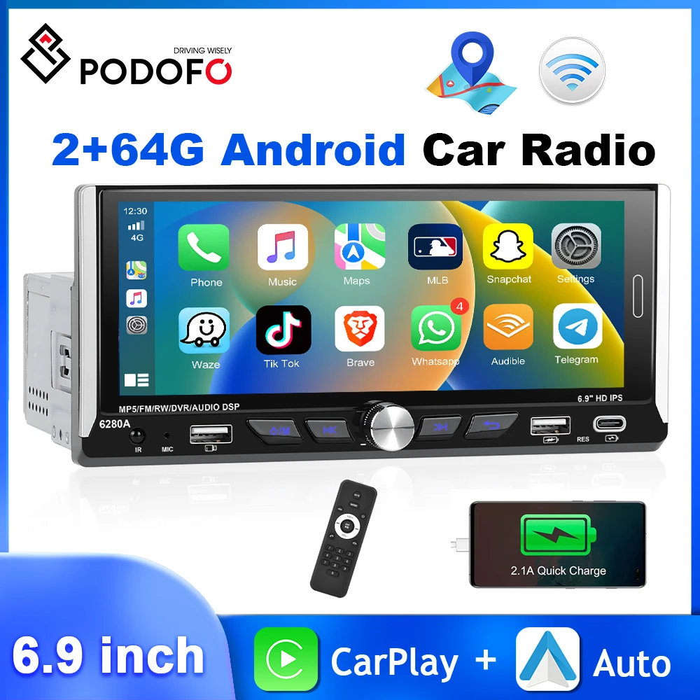 

Podofo 6.9'' 1Din Android Car Radio Carplay Android Auto Multimedia Player 2+64G WIFI Bluetooth GPS Navigation FM/RDS Car Stereo