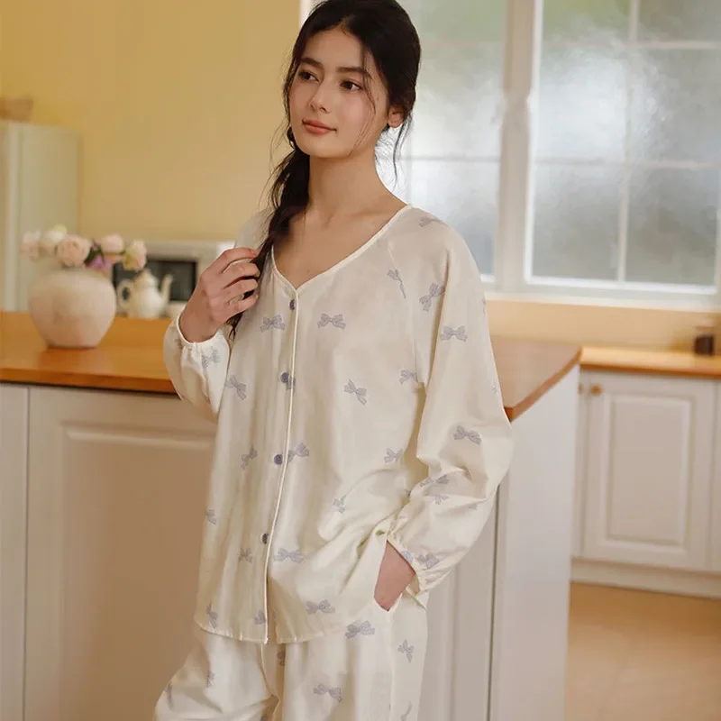 

Женские легкие кардиганы из 100% хлопка с длинными рукавами, двухсекционный кардиган с принтом, летние длинные брюки, повседневные пижамы, новинка