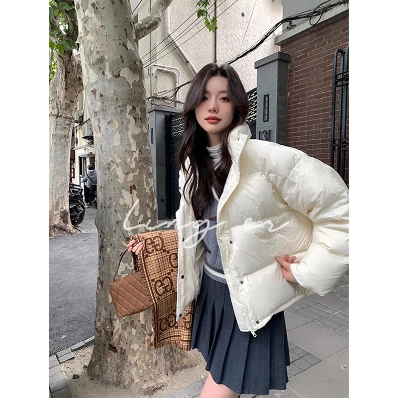 Short Parkas Women Streetwear Cropped Down Coat Korean Sweet Puffer Jacket Winter Solid Casual All Match Cotton Padded Outwear